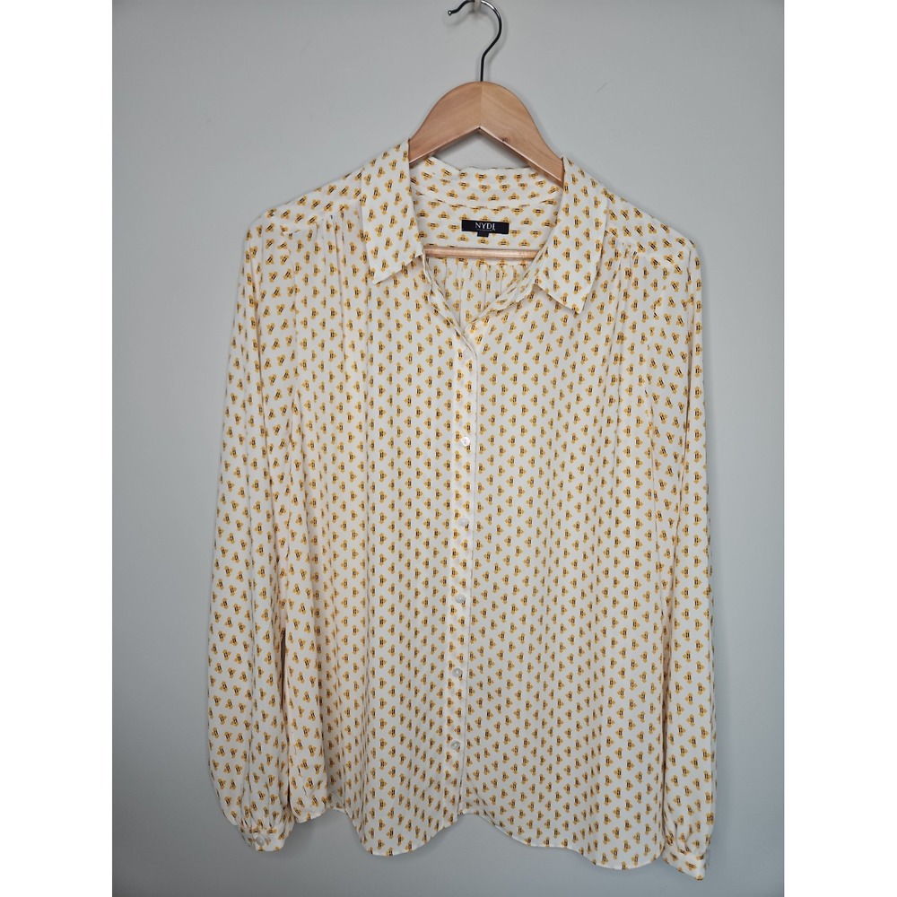 NYDJ Blouse L Yellow Geometric Print Button Up Career Chic Classic Pinup Kitsch